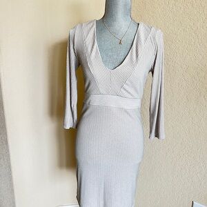 Neutral Ribbed V-Neck Bodycon Dress - Beige